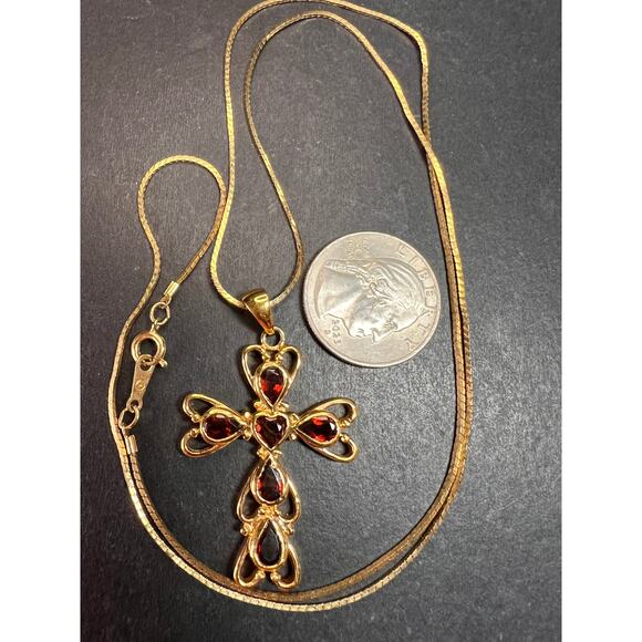 Vintage SETA Garnet Cross Pendant Necklace Gold Tone 24” - Picture 4 of 13
